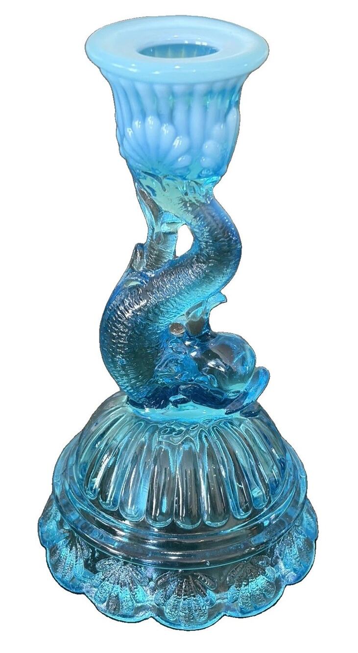 Vintage Northwood Dolphin/ Koi Candlestick Candle Holder Blue Glass Glows!